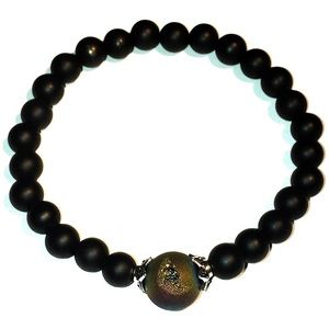 Rainbow Druzy Agate and Matte Black Onyx Bracelet